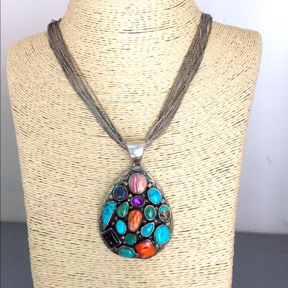 Free 925 Earrings! BENNALY Navajo 925 + 18 Gemstones Necklace 925 Chain FIRM